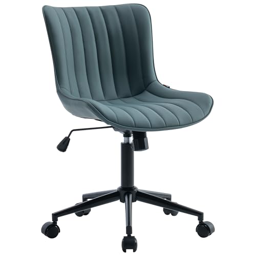YOUNIKE Office Desk Chair with Wheels Armless Vanity Chair Greyish Green | Faux Leather Upholstered with Rocking Back, Swivel Height Adjustable Small Cute Computer Rolling Task Chair Ergonomic 300lb - color: Greyish Green, size: Base Black