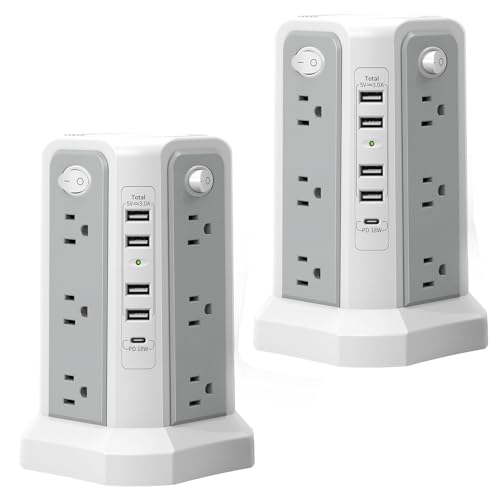 2PS Surge Protector Power Strip Tower 10FT（4A1C with PD18W USB C Port | Extension Cord with Mutiple Outlets 5 USB Charging Ports, Power Tower for Home Office Dorm Room, Grey White - style: Gray White-2PC-4A1C