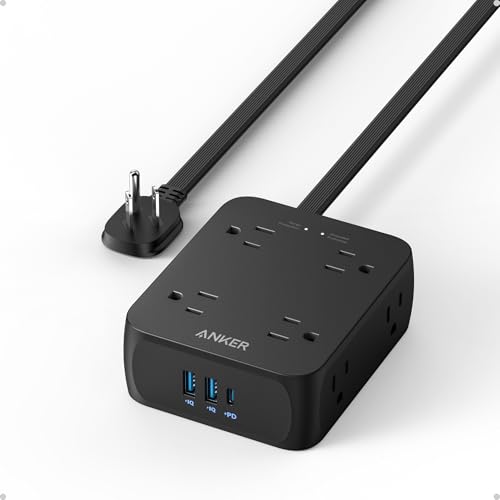 Anker Power Strip with 2000J Surge Protector, 5ft Outlet Extender, 20W, 8AC - color: Black, size: 5FT