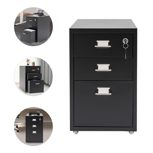 CNCEST 2-Drawer Vertical File Cabinet Metal Mobile Filing Cabinet with Lock Rolling File Drawer Cabinet Under Desk Sturdy Steel Storage Unit with Glide Drawers Lockable Wheels for Home Office (Black) - color: Black