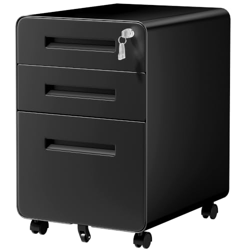 SAWJEC 3 Drawer File Cabinet with Lock, Fully Assembled Mobile Cabinet - color: 02l-black