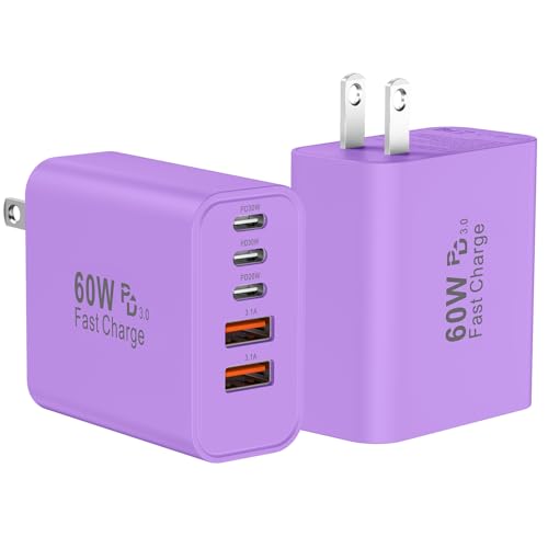 USB C Fast Wall Charger Block, 2Pack 60W USBC Charging Cubes, 5-Port PD+QC Power Adapter Multiport Brick Type C Box Plug for Phone 17/16/15/14/13/12/11/Pro Max/Plus, Pad Mini/Pro/S25/S24-Purple - color: Purple