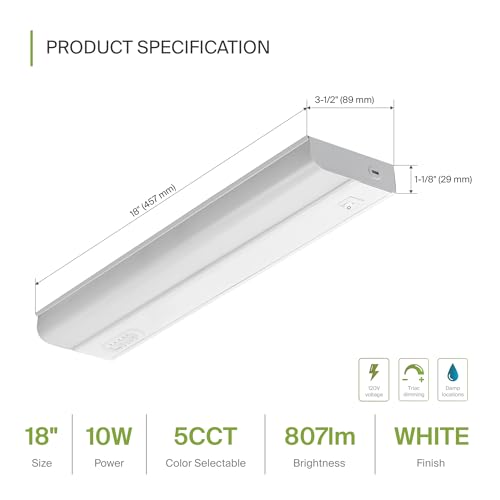 ASD LED Under Cabinet Lighting Hardwired, 18 Inch 10W 2700K-5000K Selectable, 807LM, CRI90+, Direct Wire Linkable Under Counter Lights for Kitchen, Dimmable Under Cabinet Lights, White, UL Certified - color: 18 Inch White, size: 1 Pack