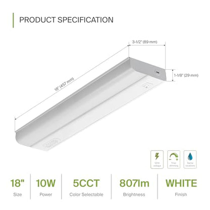 ASD LED Under Cabinet Lighting Hardwired, 18 Inch 10W 2700K-5000K Selectable, 807LM, CRI90+, Direct Wire Linkable Under Counter Lights for Kitchen, Dimmable Under Cabinet Lights, White, UL Certified - color: 18 Inch White, size: 1 Pack
