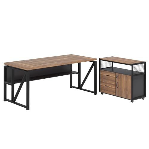 Tribesigns 63" Executive Desk with Reversible File Cabinet, Large L-Shaped Office Desk with Drawers, Business Furniture Workstation for Home Office - color: Walnut