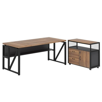 Tribesigns 63" Executive Desk with Reversible File Cabinet, Large L-Shaped Office Desk with Drawers, Business Furniture Workstation for Home Office - color: Walnut