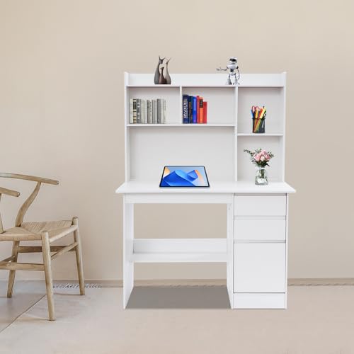 Computer Work Desk,Simple Style Writing Desk with Filing Cabinet,Study Table with Hutch,Workstation Table with Drawer Cabinet Shelf (Warm White, 39.37 * 15.74 * 55.9in)