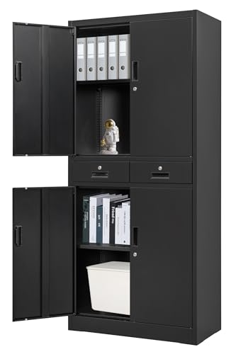 CMY Metal Storage Cabinet, 71" H x 32" W x 16" D Locking Storage Cabinet with Adjustable Shelves and 2 Drawers, Steel Cabinets for Office, Garage, Home, School, Utility Room(Black) - color: Black-2 Drawers, size: 71"H