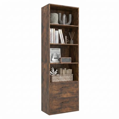 Tangkula 4 Shelf Bookcase with 2 Drawers, 74 Inch 4 Tiers Tall Open Bookshelf with 2 Slide-Out Drawers, Anti-toppling Device, Freestanding Wood Storage Shelf for Home Office (Rustic Brown, 74" H) - color: Rustic Brown, size: 74"H