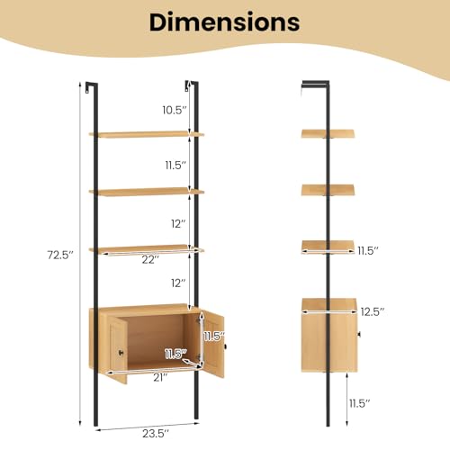 Giantex Ladder Bookshelf with Rattan Cabinet, 5-Tier Tall Wall-Mounted Bookcase with Metal Frame, 72.5" Boho Open Display Shelf Storage Organizer for Living Room, Study, Home Office, Natural