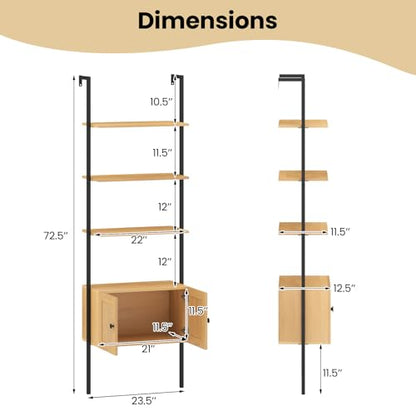 Giantex Ladder Bookshelf with Rattan Cabinet, 5-Tier Tall Wall-Mounted Bookcase with Metal Frame, 72.5" Boho Open Display Shelf Storage Organizer for Living Room, Study, Home Office, Natural