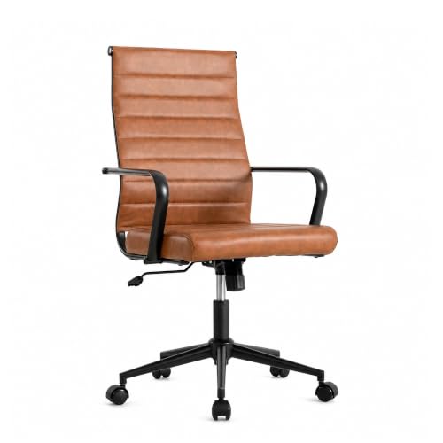Okeysen Leather Office Desk Chair, Mid-Century Modern Leather Conference Room Chairs, Ergonomic Executive Ribbed Height Adjustable Swivel Rolling Chair for Home Office. - color: Brown
