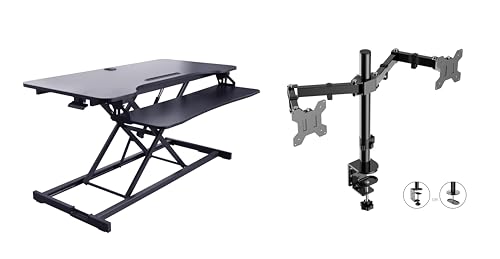 Rocelco 43" Height Adjustable Standing Desk Converter with Dual Monitor Arm Mount - Tall Stand Up Tabletop Riser and Tablet Slot - Computer Workstation - Deep Keyboard Tray - Black (R VADRB-43-DM2) - color: Black, size: 43", style: Riser + Dual Mount