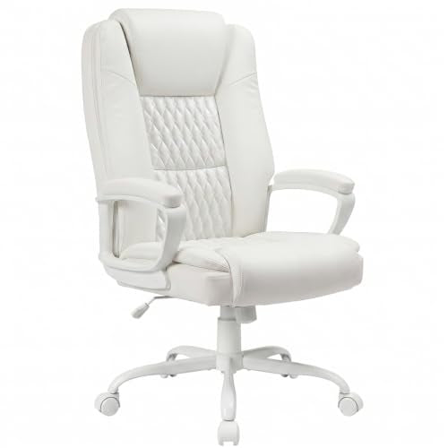 LEMBERI High Back PU Leather Executive Office Chair, Adjustable Swivel Computer Desk Chair with Padded Armrests for Home Office, White - color: White