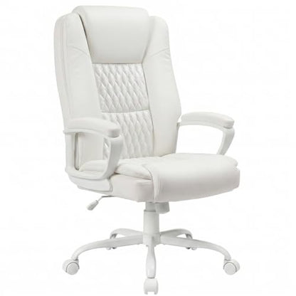LEMBERI High Back PU Leather Executive Office Chair, Adjustable Swivel Computer Desk Chair with Padded Armrests for Home Office, White - color: White