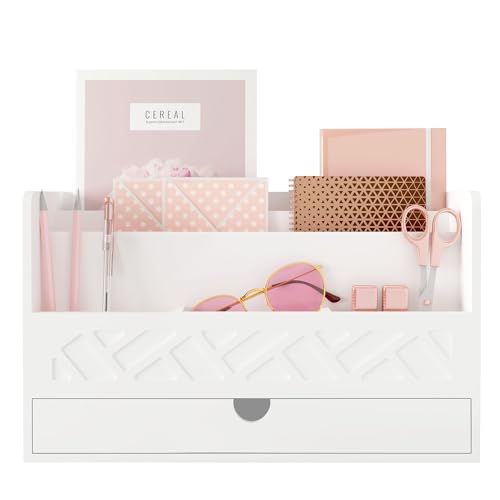 Wisuce Bamboo Mail Organizer with Drawer, Countertop Desk Organizer(White) | Made from Natural Bamboo Multi-Compartment Design Built-In Drawer No Assembly Required - color: 1 White