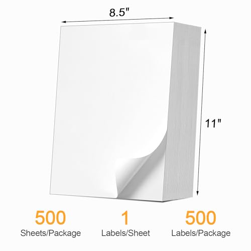 (500 Pcs/500 Sheets) A4 Full Sheet Self Adhesive Shipping Labels for Laser & Inkjet Printers, 8.5" x 11" Shipping Mailing Labels - color: A4-full Sheet-500 Labels