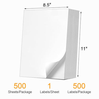 (500 Pcs/500 Sheets) A4 Full Sheet Self Adhesive Shipping Labels for Laser & Inkjet Printers, 8.5" x 11" Shipping Mailing Labels - color: A4-full Sheet-500 Labels