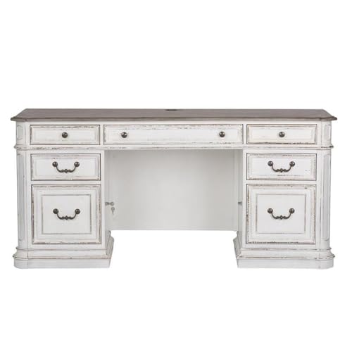 Ashford & Sons Wooden Credenza Desk, White and Weathered Brown Finish, Poplar and Rubberwood, 2 Locking File Drawers, USB Ports and Keyboard Tray, Antique Pewter Hardware, Office Desk with Wire - size: Credenza Desk