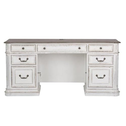 Ashford & Sons Wooden Credenza Desk, White and Weathered Brown Finish, Poplar and Rubberwood, 2 Locking File Drawers, USB Ports and Keyboard Tray, Antique Pewter Hardware, Office Desk with Wire - size: Credenza Desk
