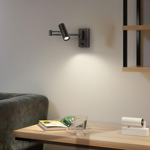 LED Swing Arm Wall Sconce with Dimmer Switch Modern Adjustable Wall Mounted Reading Lamp Black Metal Directional Task Light for Bedroom Bedside Living Room Hallway Office Dorm Art Display