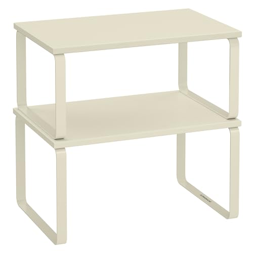 SONGMICS Cabinet Organizer Shelf, Set of 2 Kitchen Counter Shelves, Kitchen Storage, Spice Rack, Stackable, Expandable, Metal and Engineered Wood, 11.7 Inches, Cream White UKCS002W02 - color: Cream White, size: 11.7"w