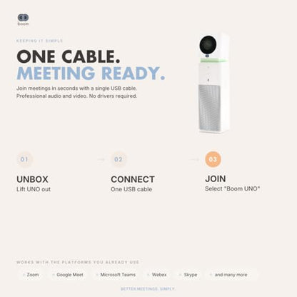Boom UNO Full HD 1080p Conference Camera & Video Bar, 120° Wide Angle Lens, Full Duplex Speaker & Noise Reducing Mic, USB Plug & Play for Zoom, Teams & Google Meet (White) - color: White