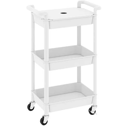 MIOCASA Utility Rolling Cart with Cover Top Board, 3-Tier Kitchen Storage Organization, Art Cart with Wheels for Office, Classroom, Living Room, Kitchen, Bathroom, White, Plastic - size: 3-Tier, style: White