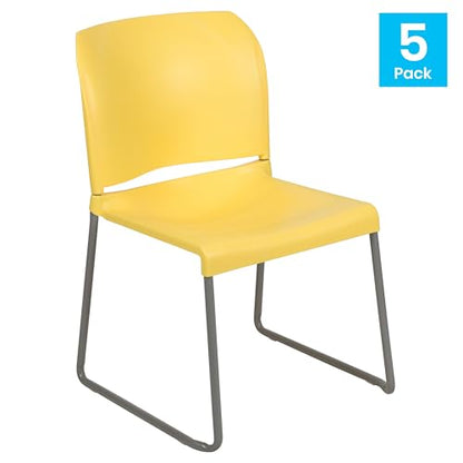 Flash Furniture HERCULES Series 5 Pack 880 lb. Capacity Yellow Full Back Contoured Stack Chair with Gray Powder Coated Sled Base | Sled Base, Powder Coated, Contoured, 880 LBS. Weight Capacity - color: Yellow, size: Set of 5
