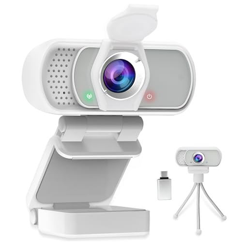 1080P Webcam with Mic Privacy Cover Tripod Stand 110 FOV PC | 1080P webcam with built-in microphone, privacy cover, tripod stand, 110 degree wide angle, USB plug and play for PC laptop - color: White