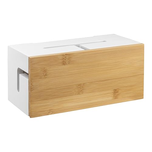 Cable Management Box Bamboo 9.6x5.1x4.3in, White, Wall Mount Kit Included - color: White S