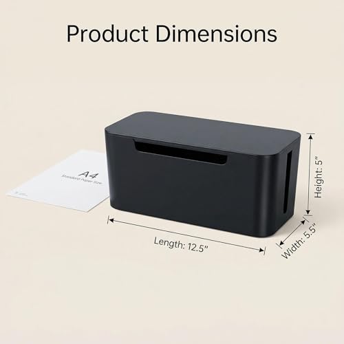 Eichzer Cable Management Box with Lid, Three Entry/Exit Slots, Black | Large Cord Organizer, Plastic Power Strip Cover, Hide Surge Protector on Desk & Floor, for TV Computer Home Router Office