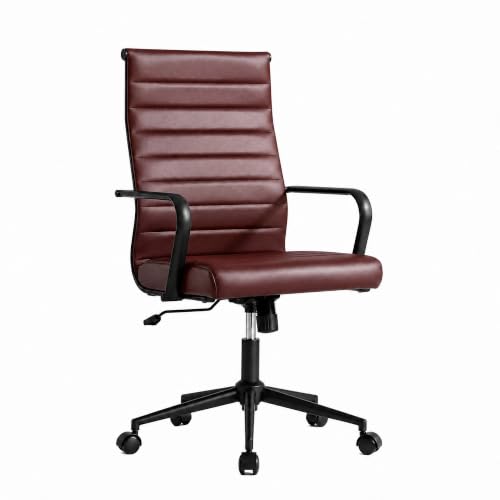 Okeysen Leather Office Desk Chair, Mid-Century Modern Leather Conference Room Chairs, Ergonomic Executive Ribbed Height Adjustable Swivel Rolling Chair for Home Office. - color: Reddish Brown