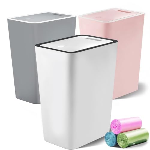 Lysam 4 Gallon Trash Can 3 Packs, Bedroom Trash Can with Lid & Trash Bags | Small Garbage Can Press-Top for Dog Proof, Oder Seal, Waste Basket for Office, Living Room, Bathroom White & Grey & Pink - color: Pink & White & Grey