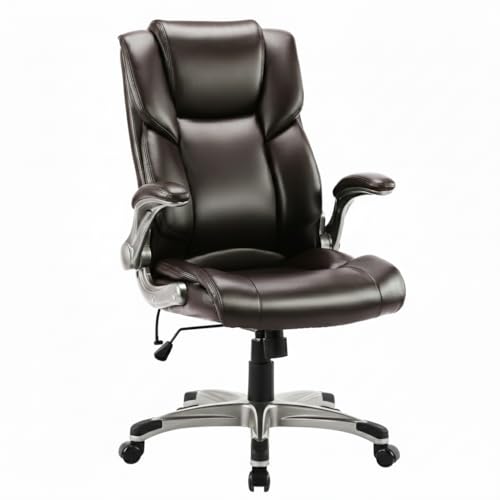 Ergonomic High Back Executive Office Chair with Adjustable Airbag Lumbar Support, Bonded Leather Desk Chair with Flip-up Armrests, Swivel Computer Task Chair for Home Office Workstation, Brown - color: Brown, size: set of 1