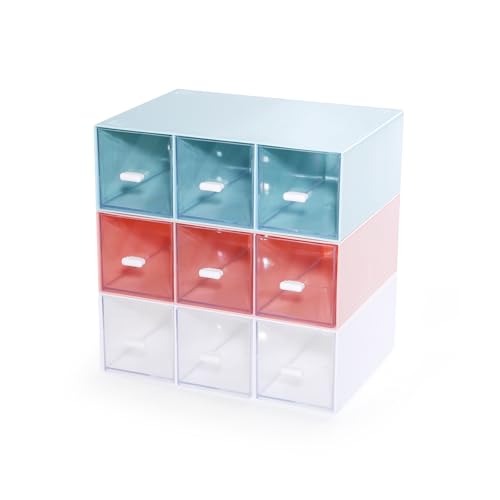 Desktop Organizer With 9 Drawers, Pencil Box, Stationary Organizer | 3 Tiers Mix Colors, Plastic Mini Drawers, Small Pen Storage Boxes, Toolbox, Stackable Makeup Organizer, Stationary Organizer - color: 3 Tall Layers & 9 Drawers, Mixed Colors