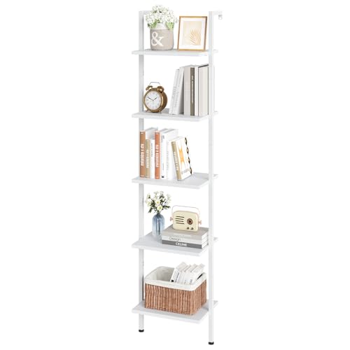 ELYKEN Ladder Shelf, 5-Tier Wood Wall Mounted Ladder Bookshelf | Leaning Storage Shelves with Metal Frame, Vintage Open Display Organizer Rack for Living Room, Bedroom, Home Office, White - color: White