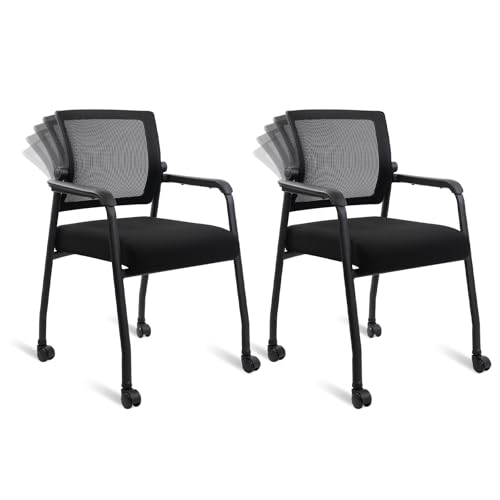 Waiting Room Chairs with Wheels, Adjustable Mesh Backrest, Desk Chair with Ergonomic Lumbar Support and Thickened Seats Cushion, 2 Pack Black - color: Adjustable Back+wheels, size: 2 Pack