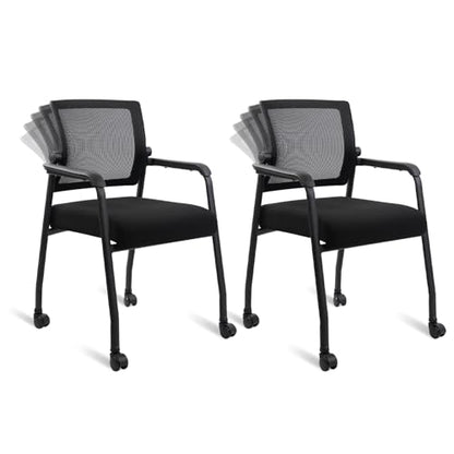 Waiting Room Chairs with Wheels, Adjustable Mesh Backrest, Desk Chair with Ergonomic Lumbar Support and Thickened Seats Cushion, 2 Pack Black - color: Adjustable Back+wheels, size: 2 Pack