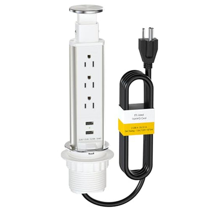 Pop Up Outlet for Countertop, Receptacle Power Strip with 3 AC Outlet 2 USB Ports, Pull Pop Up Power Socket Outlet, 2.5" Hole Recessed Outlet for Kitchen Counter Conference Desk Office, White - color: White