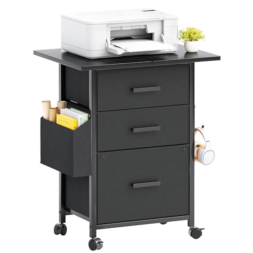 3-Drawer Mobile File Cabinet with 22" Wide Printer Stand, Fabric Under Desk Filing Cabinet with Side Bag & Headphone Hook, Fits Letter/A4 Size Hanging File Folders, Rolling Home Office Organizer,Black - color: Black