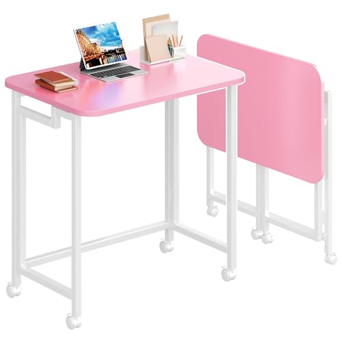 4NM 23.6" Mobile Small Rolling Computer Desk, Folding Laptop Cart Table with Wheels, Portable Office Desk for Small Space Couch Bed - Pink and White - color: Pink and White, size: 23.6"