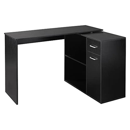 HOMCOM L Shaped Computer Desk 180° Rotating 47.25"x19.75"x 53.75", Black | Corner Desk, Storage Shelves, Drawer, Cabinet, Study Workstation, for Home Office