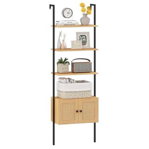 Giantex Ladder Bookshelf with Rattan Cabinet, 5-Tier Tall Wall-Mounted Bookcase with Metal Frame, 72.5" Boho Open Display Shelf Storage Organizer for Living Room, Study, Home Office, Natural
