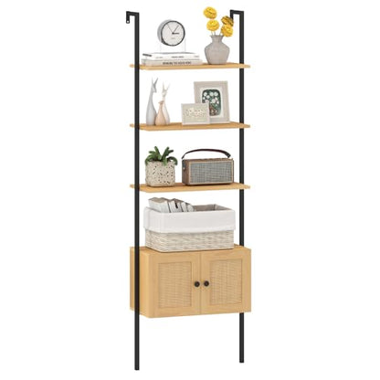 Giantex Ladder Bookshelf with Rattan Cabinet, 5-Tier Tall Wall-Mounted Bookcase with Metal Frame, 72.5" Boho Open Display Shelf Storage Organizer for Living Room, Study, Home Office, Natural
