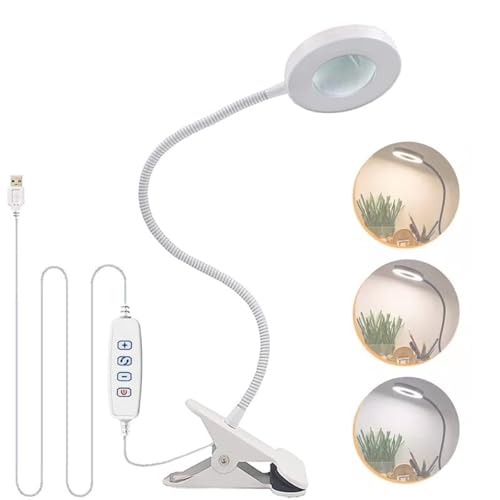 Rosvola 10X Magnifying Glass, Clip on Desk Lamp, Magnifier Lamp with Clamp, 3 Color Modes Adjustable, Flexible Gooseneck LED Desk Lamp Hands for Craft Reading Painting