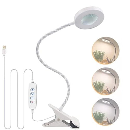 Rosvola 10X Magnifying Glass, Clip on Desk Lamp, Magnifier Lamp with Clamp, 3 Color Modes Adjustable, Flexible Gooseneck LED Desk Lamp Hands for Craft Reading Painting