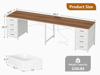 95" 2 Person Desk with 8 Fabric Drawers for Home Office, Living Room - color: Brown and White, size: 18.9"D x 94.5"W x 29.3"H