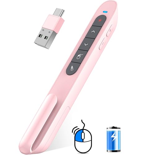 DINOSTRIKE Pink Wireless Presentation Remote with Air Mouse, Rechargeable USB C Slide Clicker Compatible with PowerPoint for Mac and Windows Laptops (2.4GHz) - color: Pink