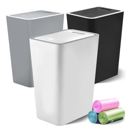 Lysam 4 Gallon Trash Can 3 Packs, Bedroom Trash Can with Lid & Trash Bags | Small Garbage Can Press-Top for Dog & Child Proof, Oder Seal, Waste Basket for Bedroom, Office, Living Room, Bathroom (Multi) - color: Black & White & Grey